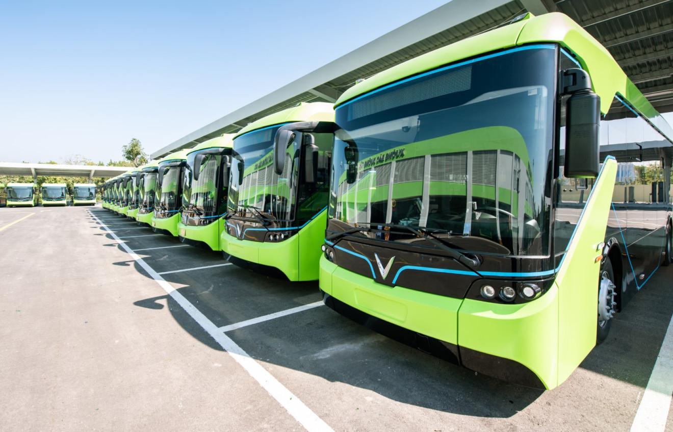 Many VinFast buses standing in a row at the bus station.